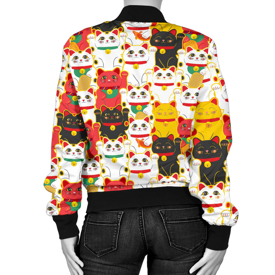 Colorful Maneki Neko Lucky Cat Pattern Women'S Bomber Jacket
