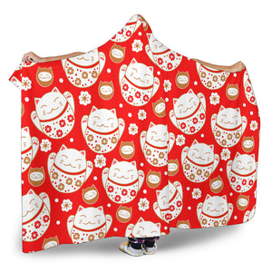 Cute Maneki Neko Lucky Cat Red Background Hooded Blanket