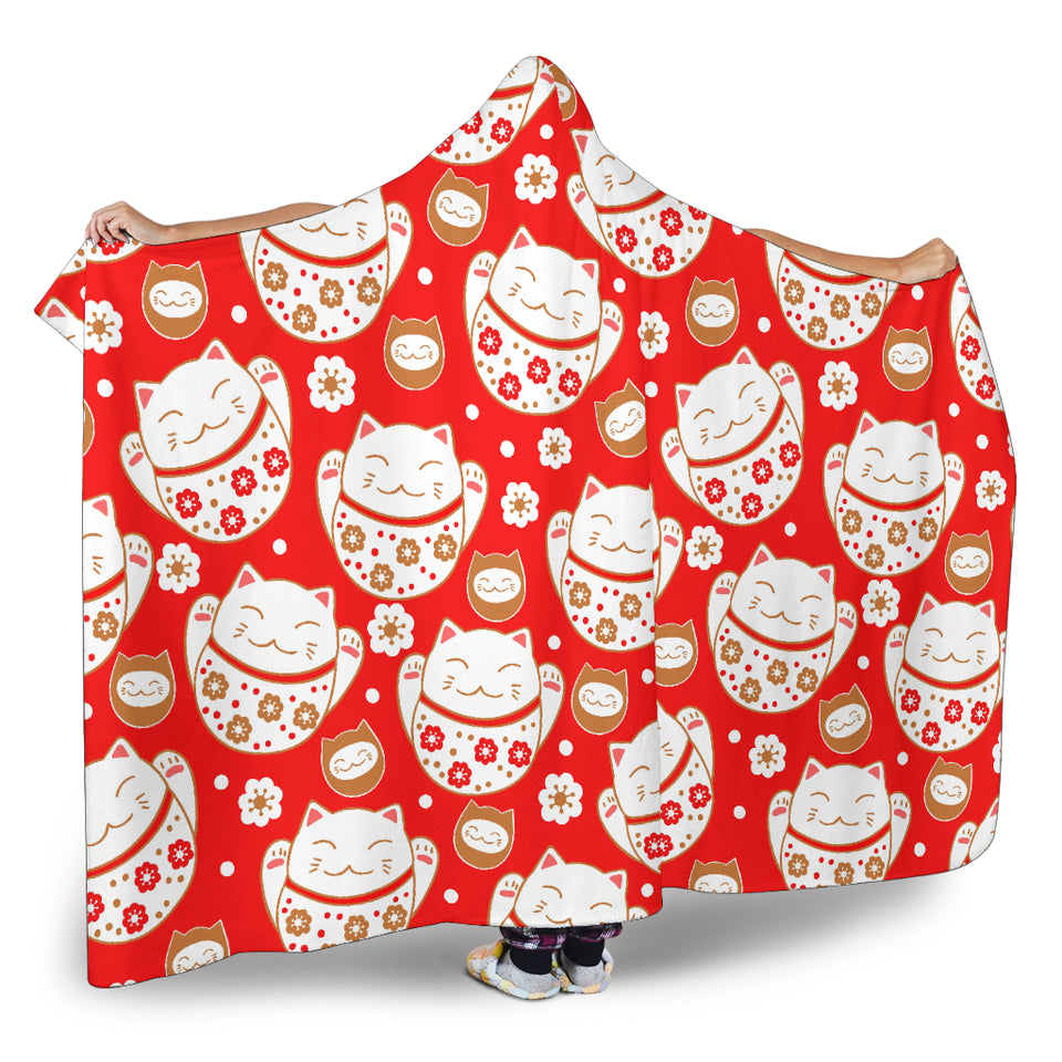 Cute Maneki Neko Lucky Cat Red Background Hooded Blanket