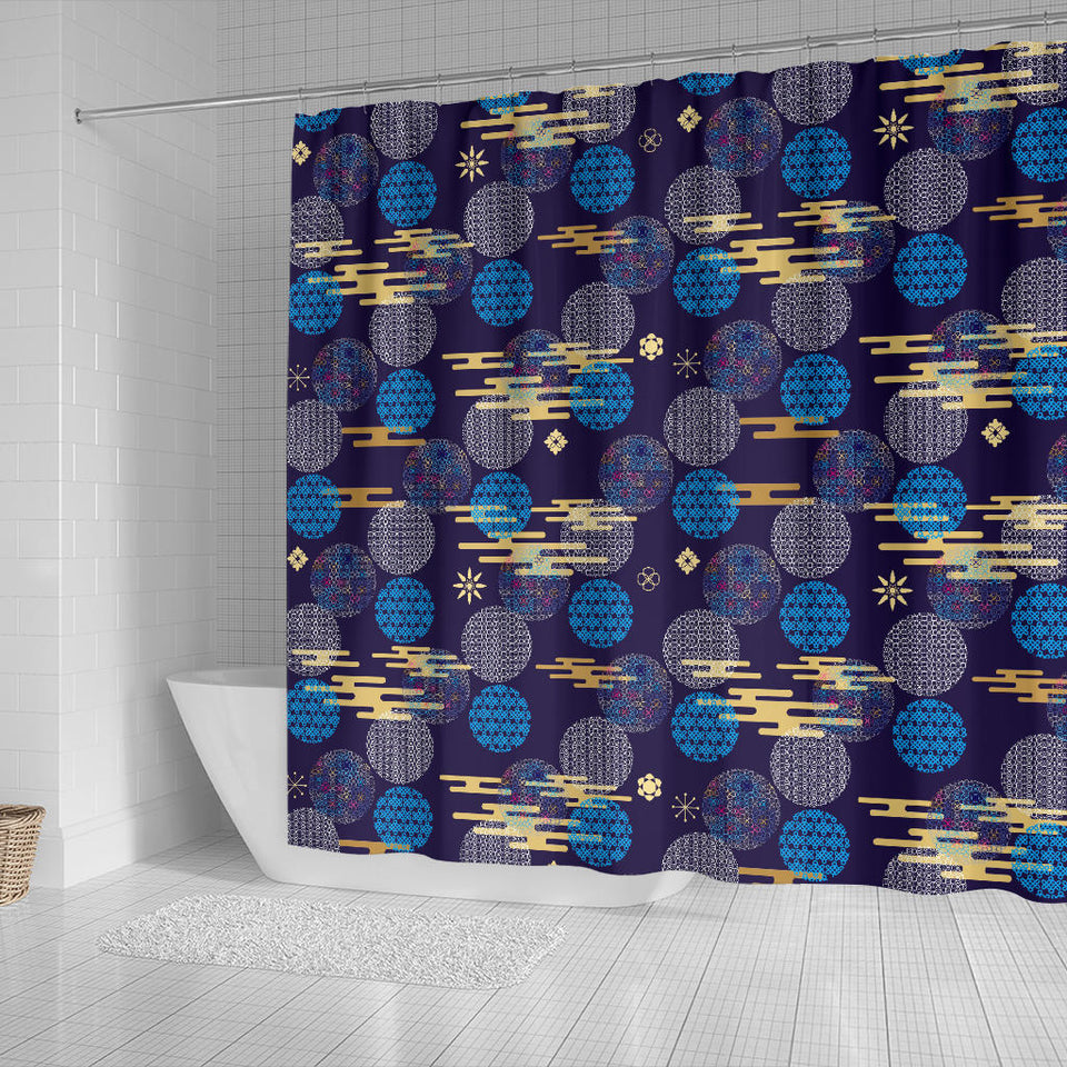 Blue Japanese Pattern Cloud Wave Flower Shower Curtain Fulfilled In US