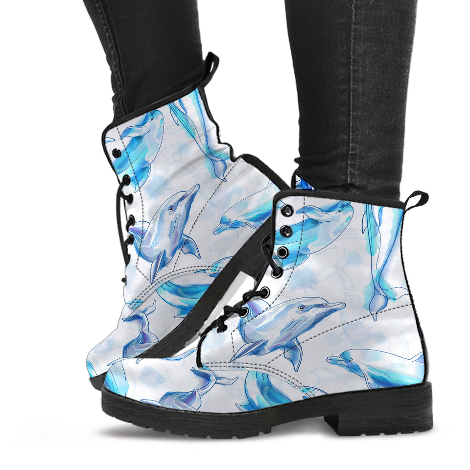 Watercolor Dolphin Pattern Leather Boots