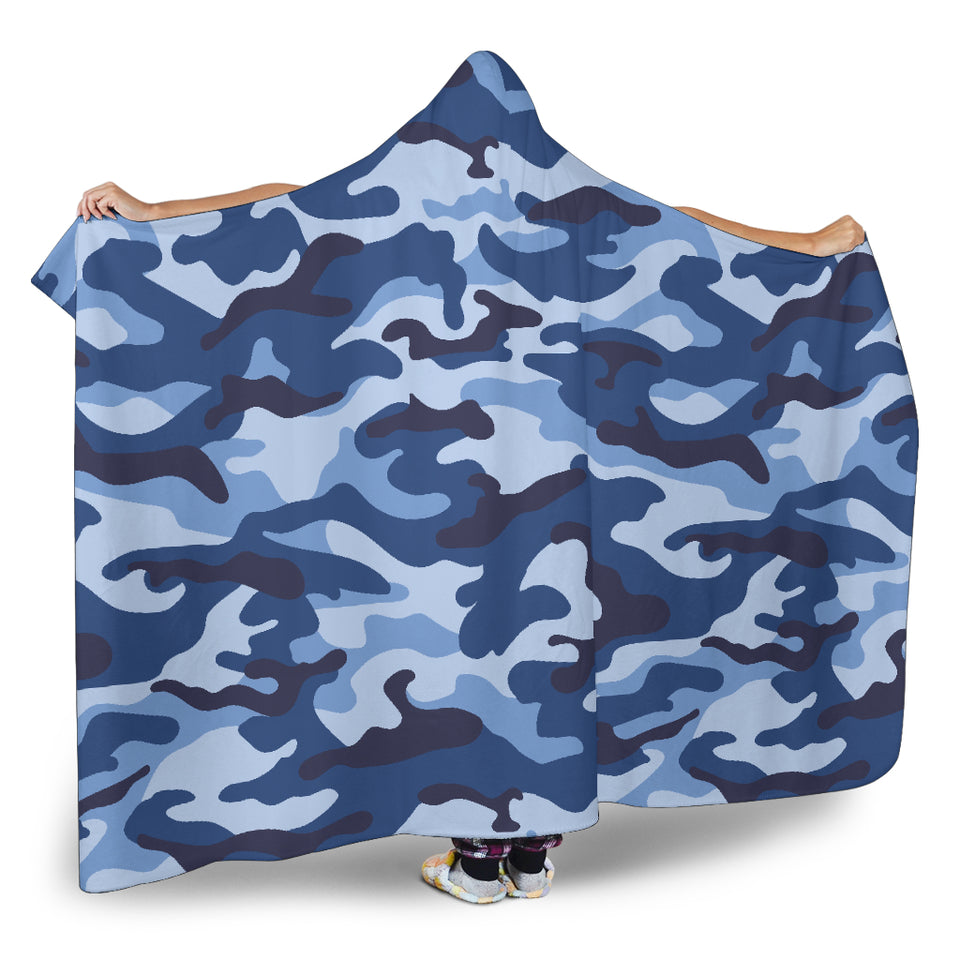Blue Camo Camouflage Pattern Hooded Blanket