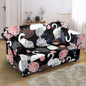 White Swan Blooming Flower Pattern Loveseat Couch Slipcover