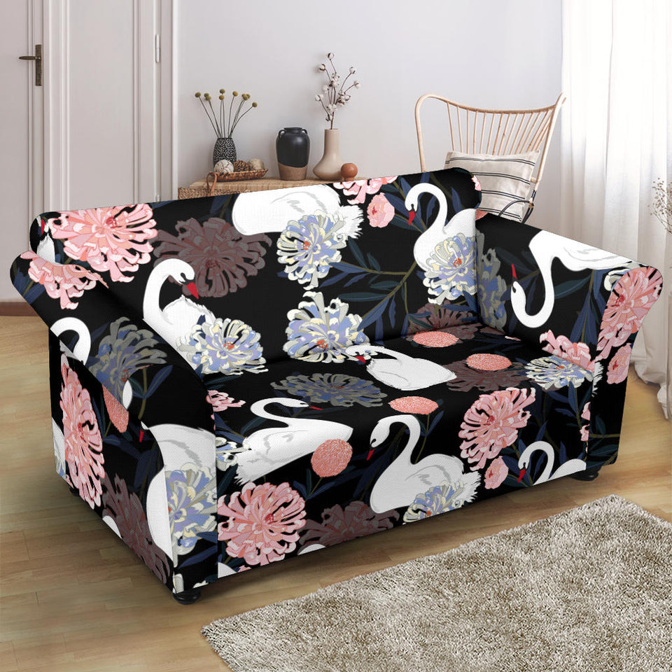 White Swan Blooming Flower Pattern Loveseat Couch Slipcover