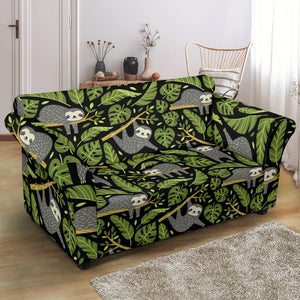 Cute Sloths Tropical Palm Leaves Black Background Loveseat Couch Slipcover