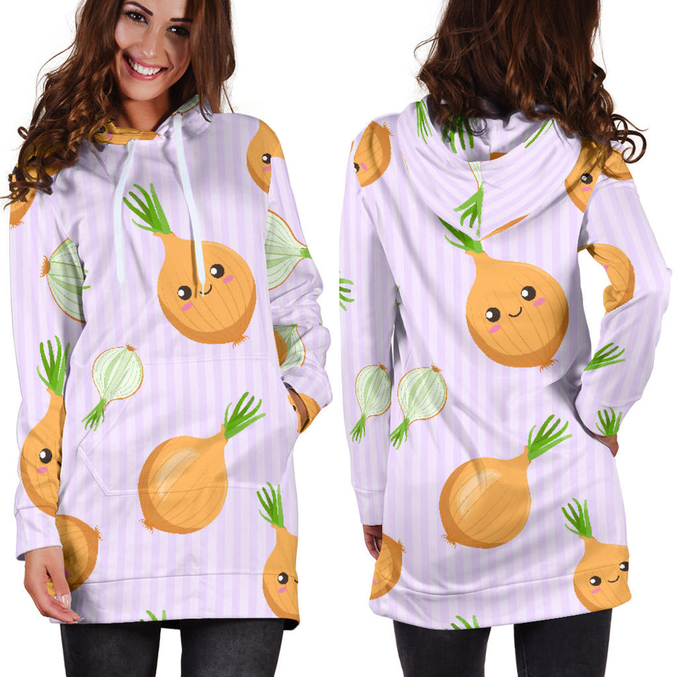 Cute Onions Smiling Faces Purple Background Women'S Hoodie Dress