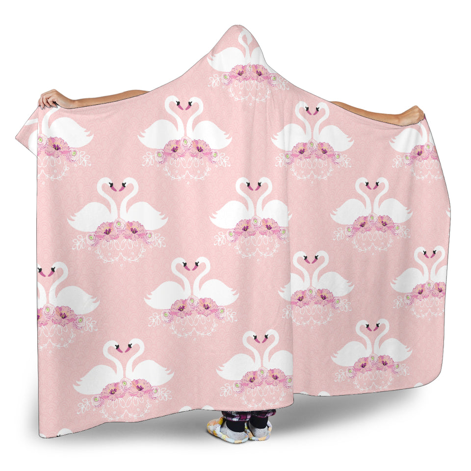 White Swan And Flower Love Pattern Hooded Blanket