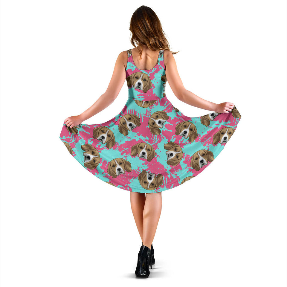 Beagle Muzzles Turquoise Paint Splashes Pink Pattern Sleeveless Midi Dress