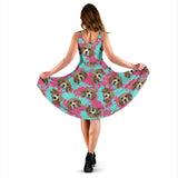 Beagle Muzzles Turquoise Paint Splashes Pink Pattern Sleeveless Midi Dress