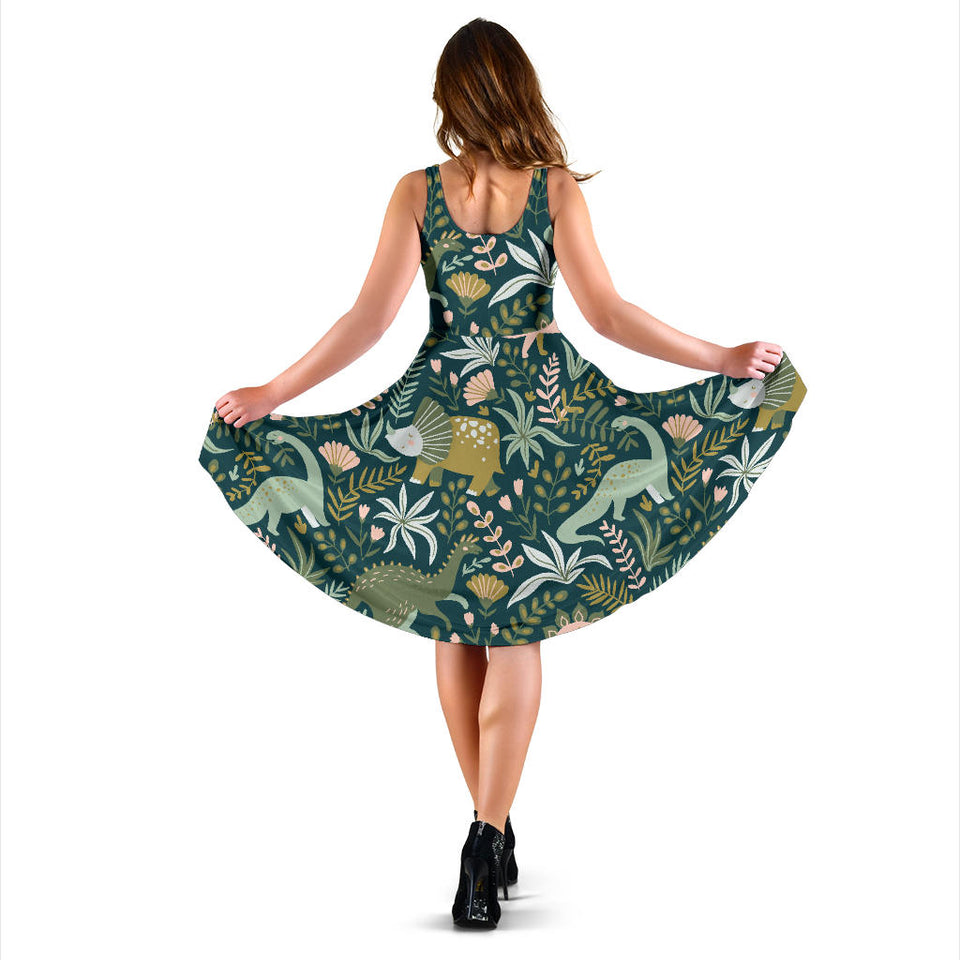 Dinosaurs Tropical Leaves Flower Pattern Sleeveless Midi Dress