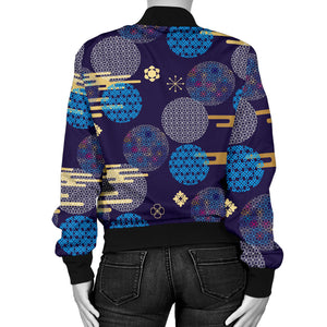 Blue Japanese Pattern Cloud Wave Flower Women'S Bomber Jacket
