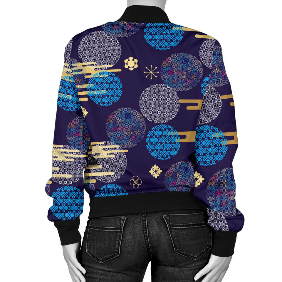 Blue Japanese Pattern Cloud Wave Flower Women'S Bomber Jacket