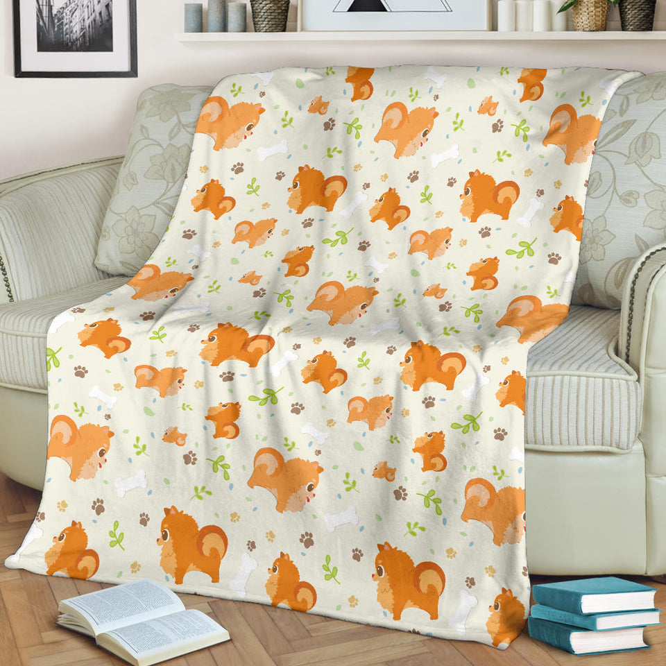 Cute Brown Pomeranian Paw Leave Bone Pattern Premium Blanket