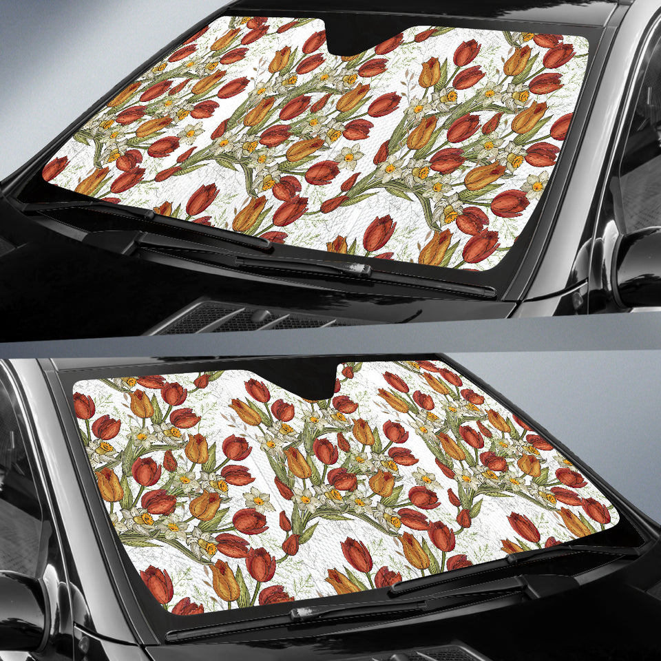 Red Tulips And Daffodils Pattern Car Sun Shade