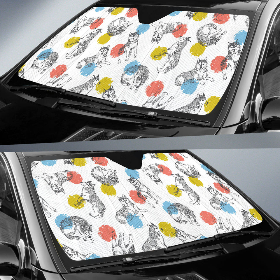 Siberian Husky And Colorful Circle Pattern Car Sun Shade