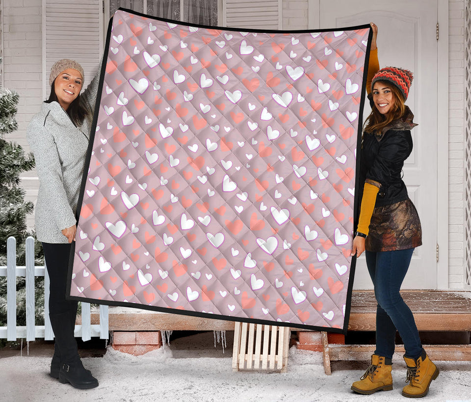 Coral White Heart Pattern Premium Quilt