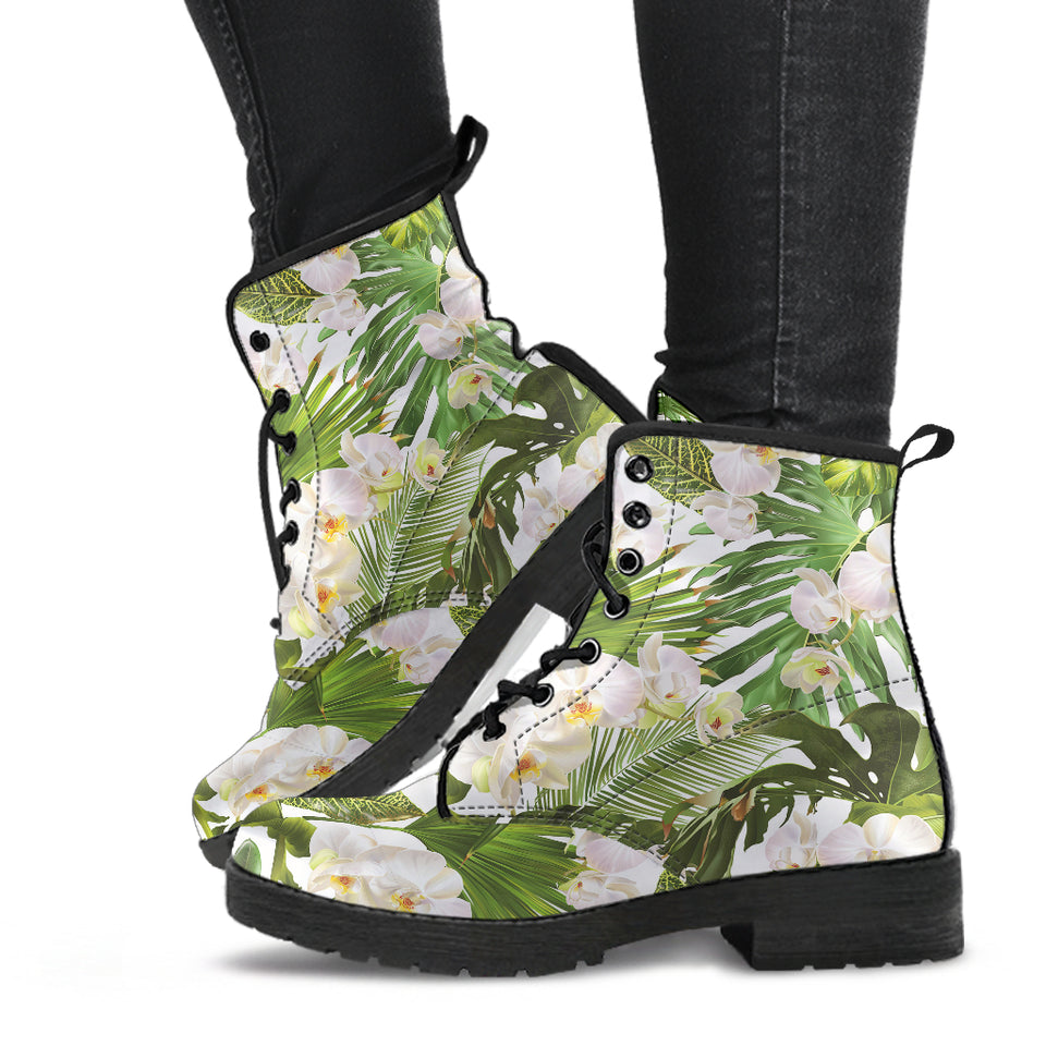 White Orchid Flower Tropical Leaves Pattern Leather Boots
