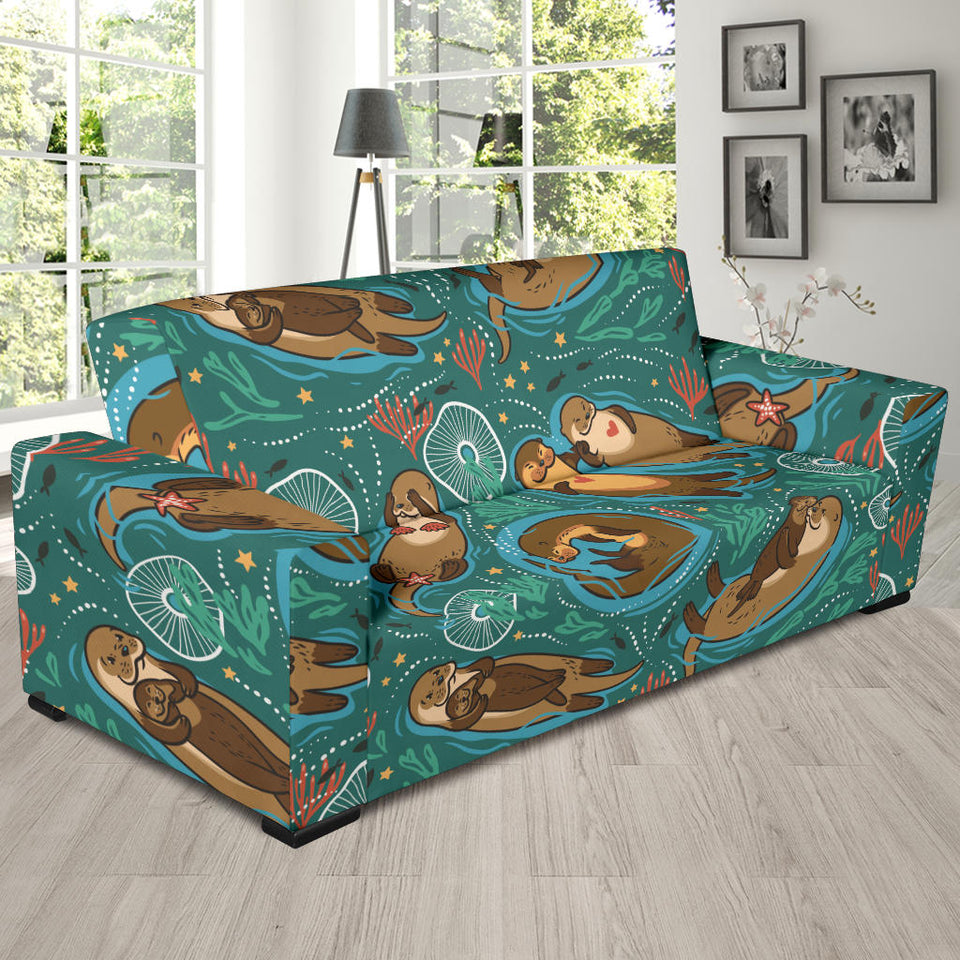Cute Brown Sea Otters Ornamental Seaweed Corals Green Water Sofa Slipcover