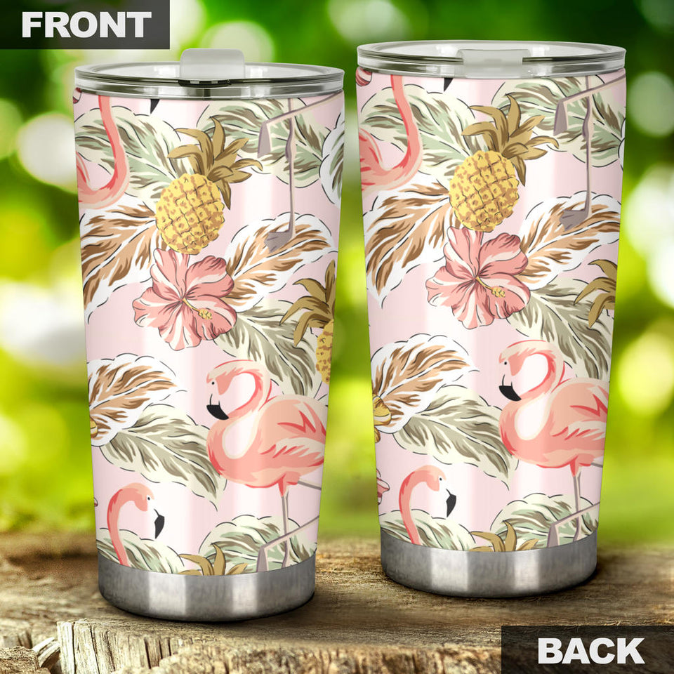 Pink Flamingo Birds Pineapples Hibiscus Flower Pattern Tumbler
