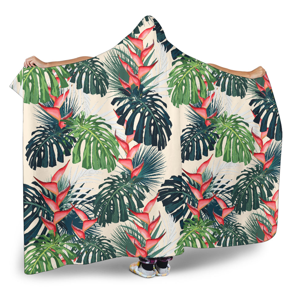 Heliconia Flowers, Palm And Monstera Leaves Hooded Blanket