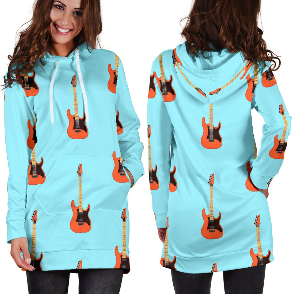 Electric Guitar Pattern Light Blue Background Women'S Hoodie Dress