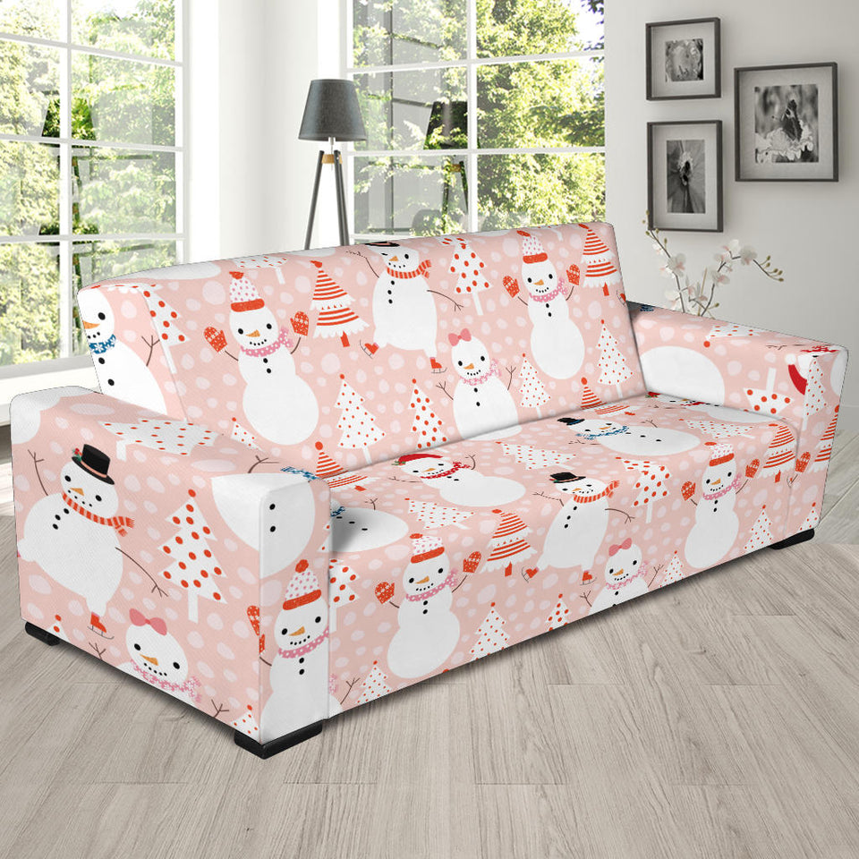Cute Snowman Christmas Tree Snowpink Background Sofa Slipcover