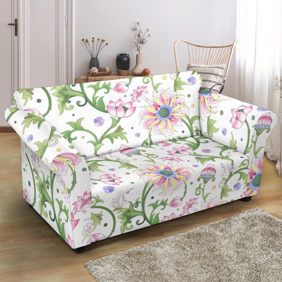 Beautiful Pink Lotus Waterlily Leaves Pattern Loveseat Couch Slipcover