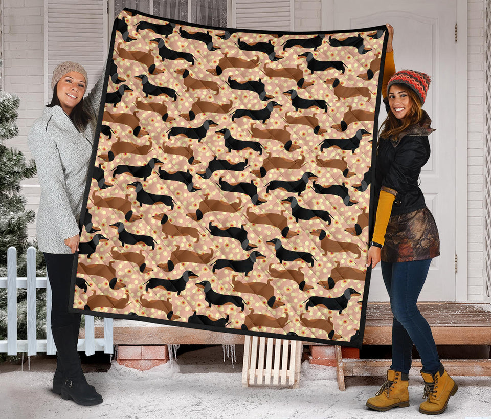 Dachshund Floral Background Premium Quilt