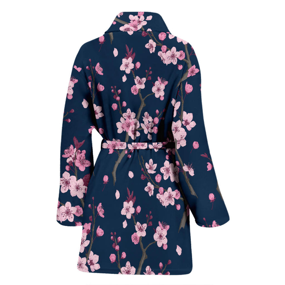 Pink Sakura Cherry Blossom Blue Background Women'S Bathrobe