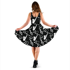 Saxophone Music Notes Treble Clef Black White Theme Sleeveless Midi Dress