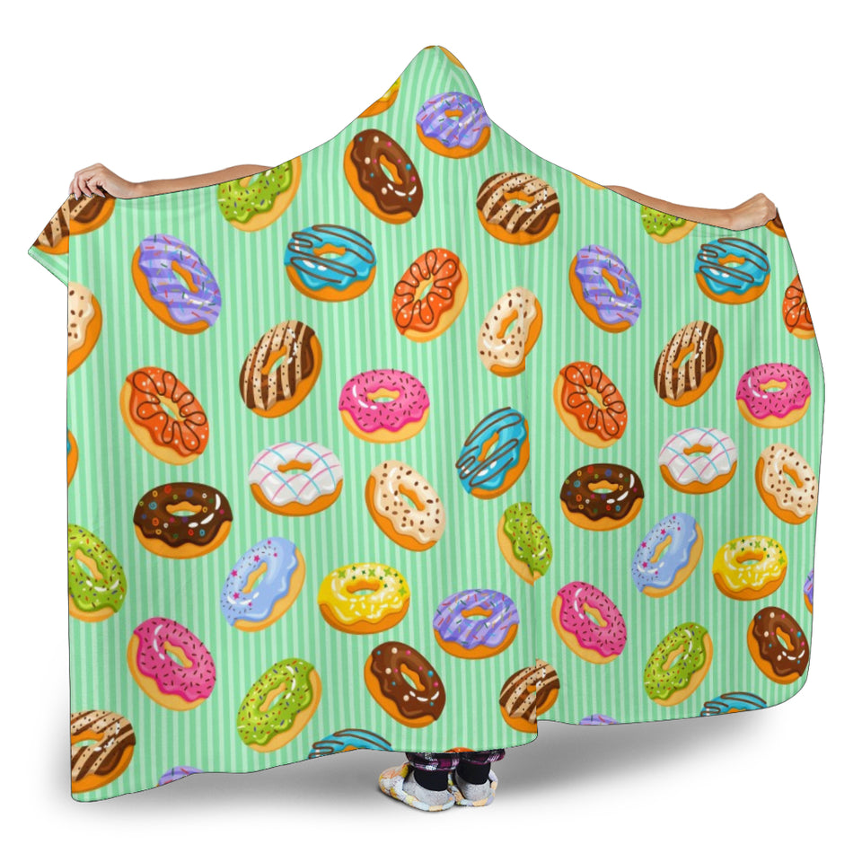 Colorful Donut Pattern Green Background Hooded Blanket