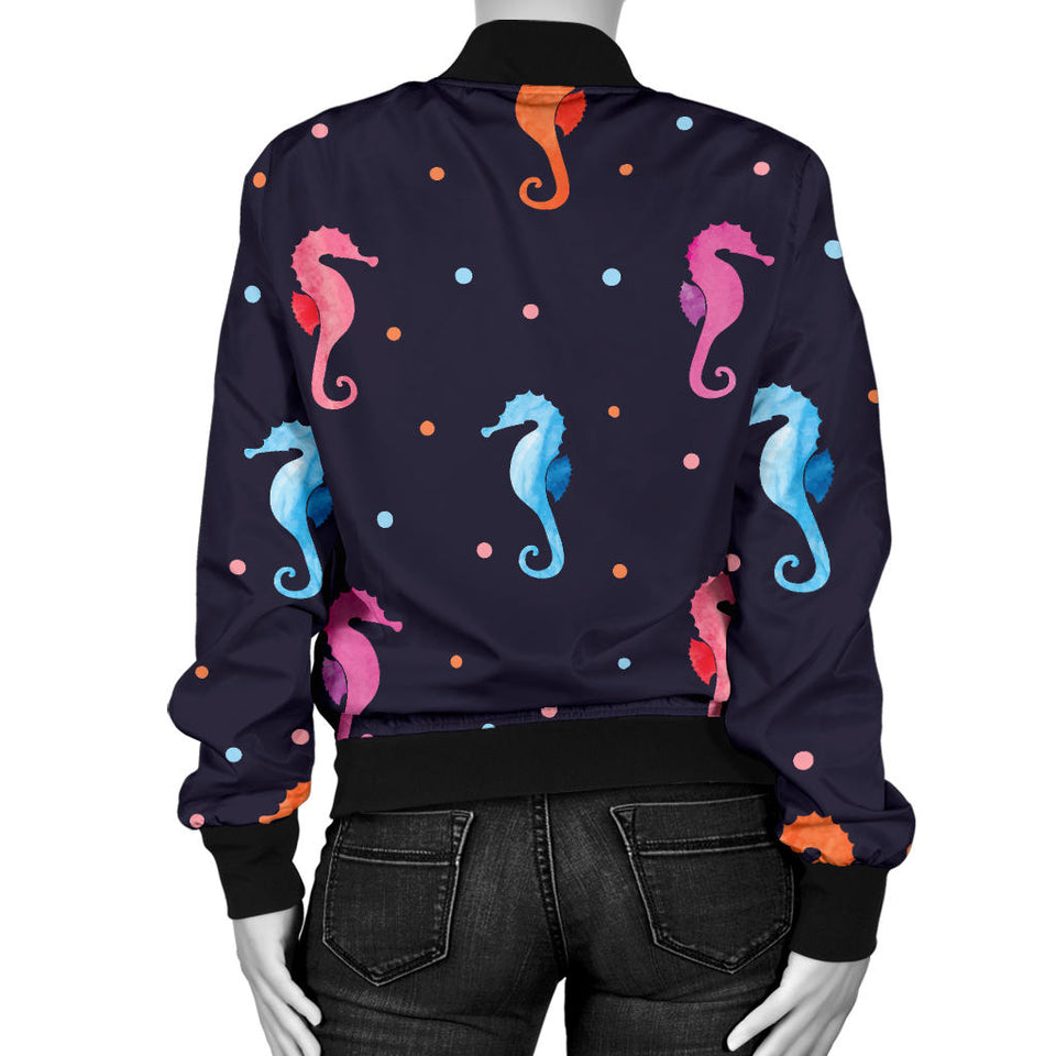 Watercolor Colorful Seahorse Pattern Women'S Bomber Jacket