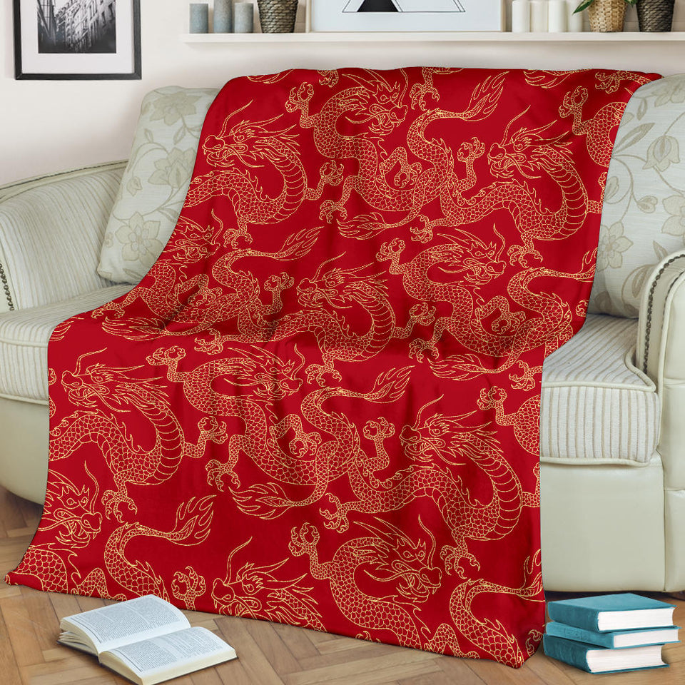 Gold Dragons Red Background Premium Blanket