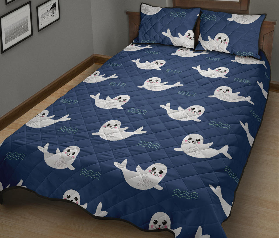 Cute white baby sea lion seal pattern Quilt Bed Set