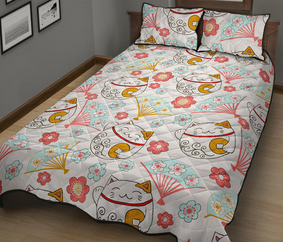 Maneki Neko Lucky Cat fan sakura Quilt Bed Set
