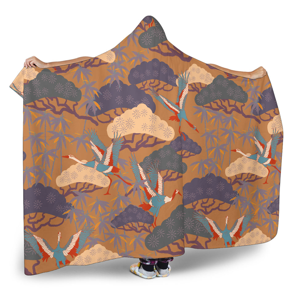 Bonsai Bamboo Stork Japanese Pattern Brown Theme Hooded Blanket