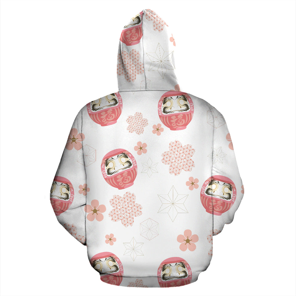 Daruma Japanese Wooden Doll Cherry Blossom Flower Pattern Zip Up Hoodie