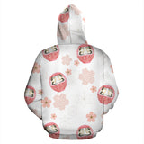 Daruma Japanese Wooden Doll Cherry Blossom Flower Pattern Zip Up Hoodie