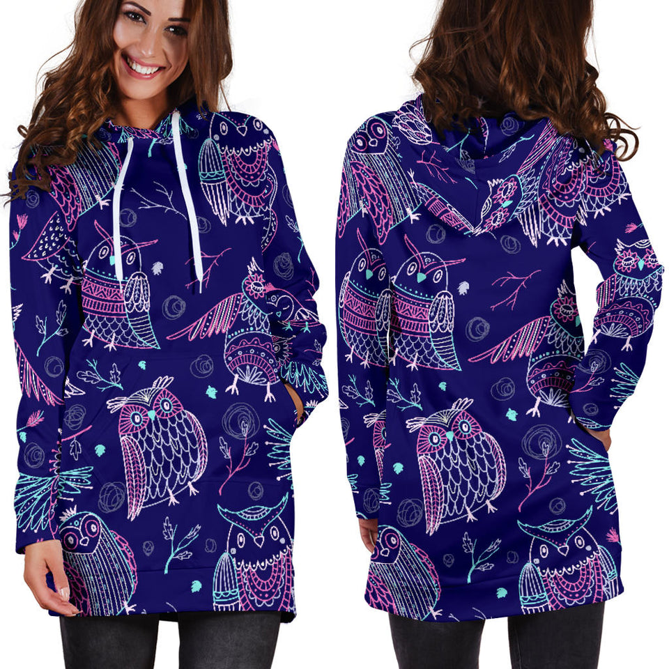 Cute Owls Pattern Boho Style Ornament Women'S Hoodie Dress