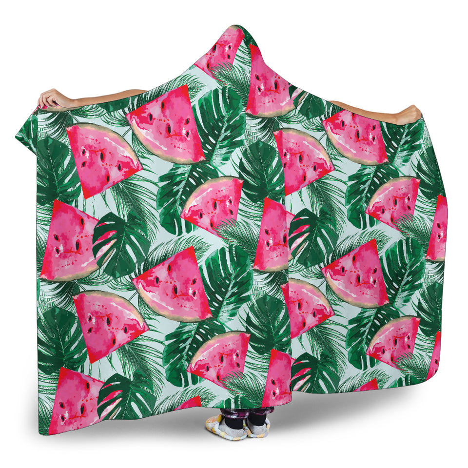 Watermelons Tropical Palm Leaves Pattern Hooded Blanket