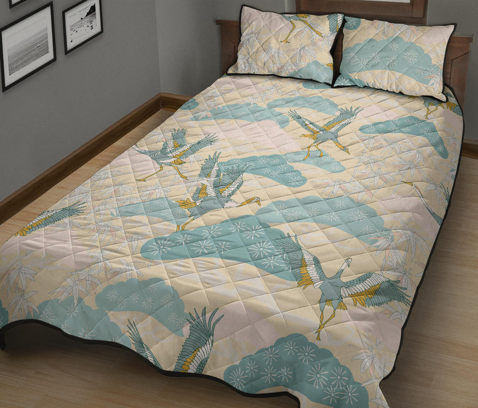 Bonsai bamboo stork japanese pattern cream theme Quilt Bed Set