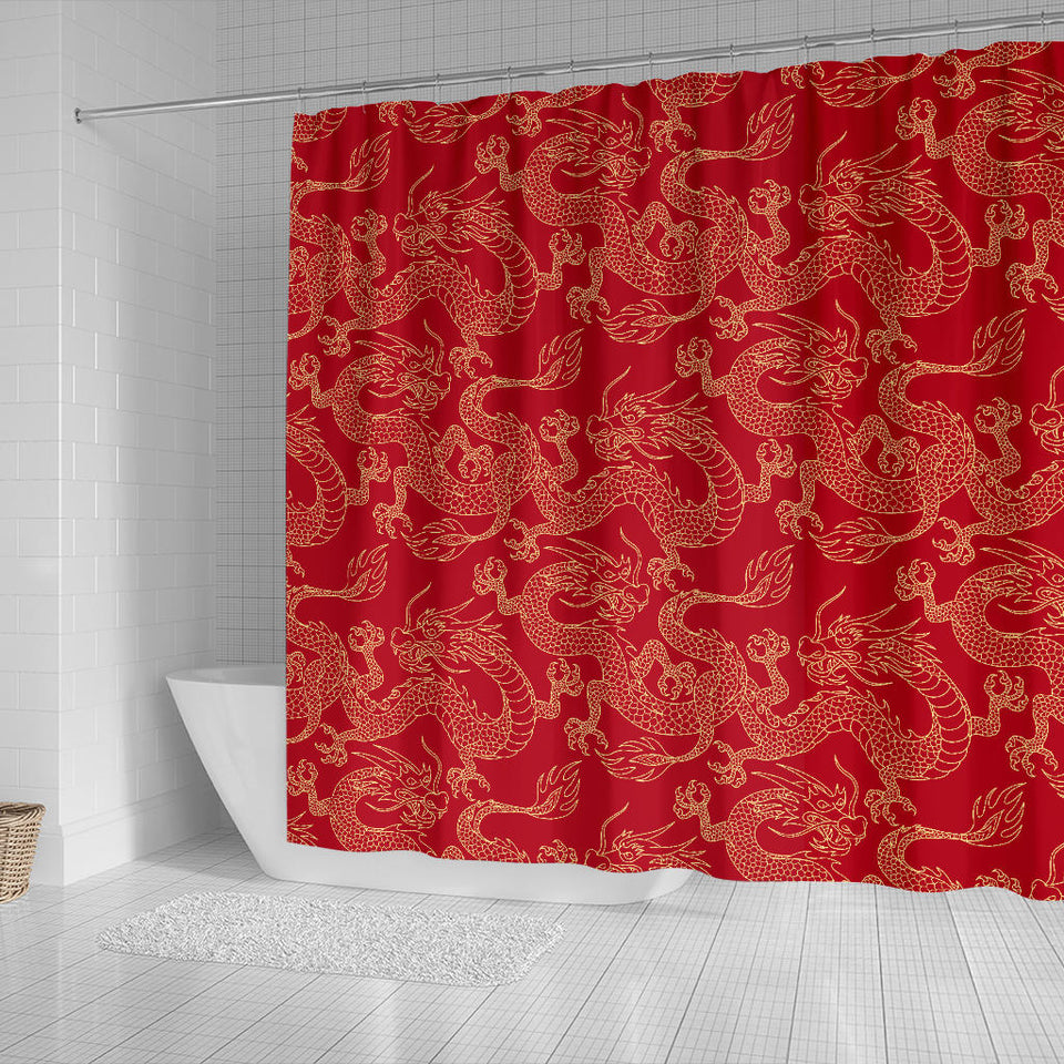 Gold Dragons Red Background Shower Curtain Fulfilled In US