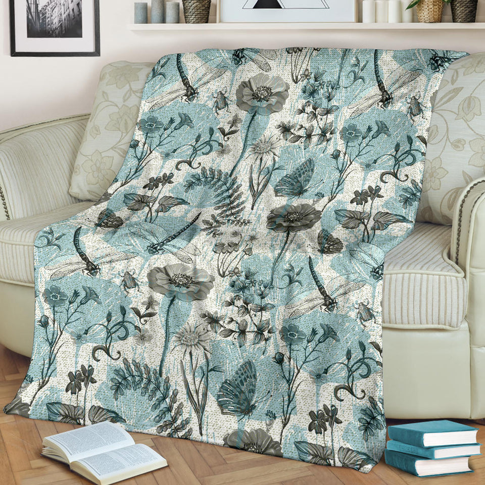 Dragonfly Butterfly Plants Insect Flower Vintage Style Pattern Premium Blanket