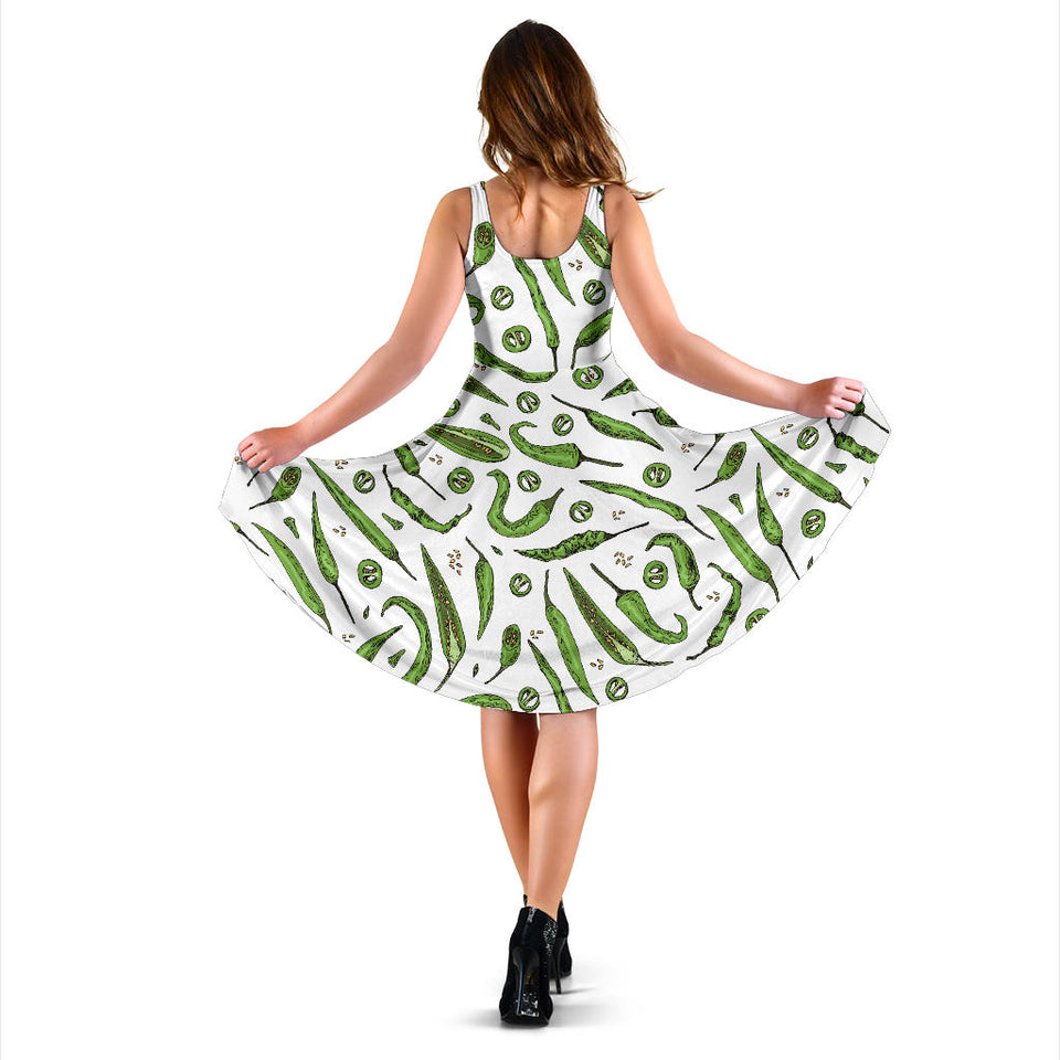 Hand Drawn Sketch Style Green Chili Peppers Pattern Sleeveless Midi Dress