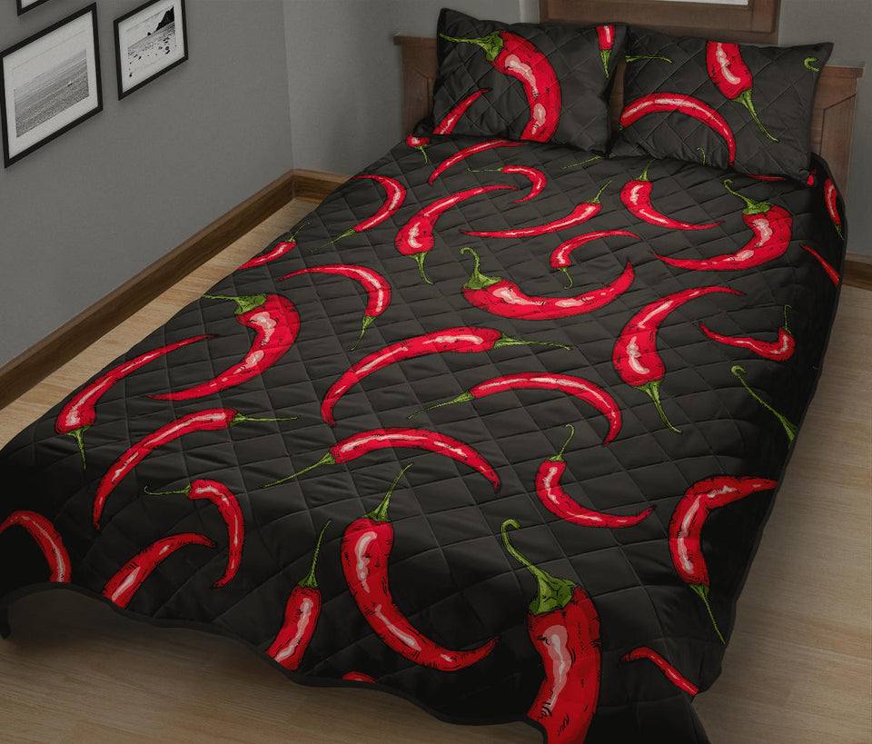 Chili peppers pattern black background Quilt Bed Set