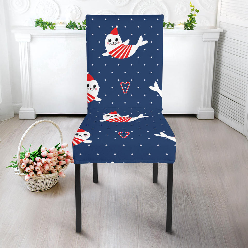 Cute Sea Lion Seal Christmas Hat Candy Cane Heart Pattern Dining Chair Slipcover