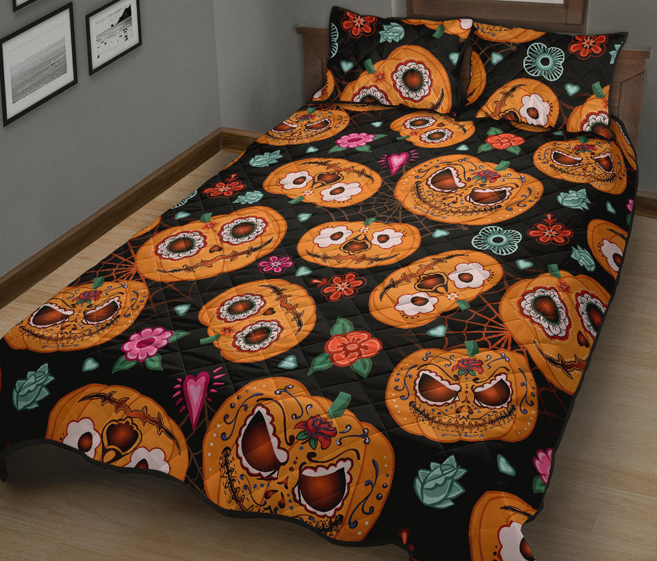 Pumpkin flowers spiderweb Halloween theme Quilt Bed Set