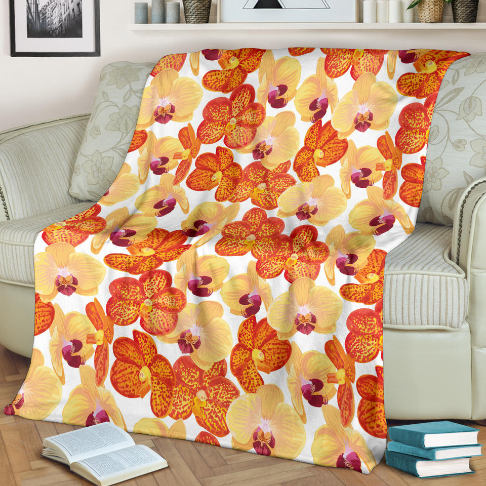 Orange Yellow Orchid Flower Pattern Background Premium Blanket