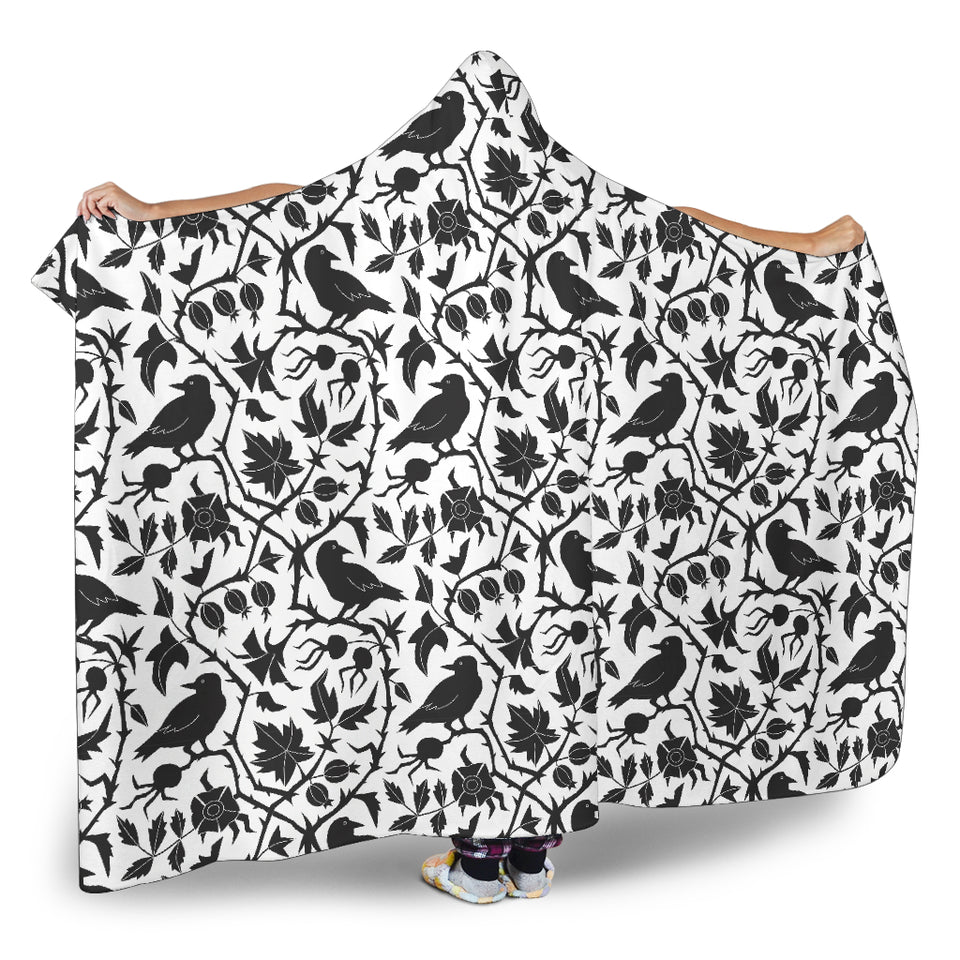 Crow Dark Floral Pattern Hooded Blanket