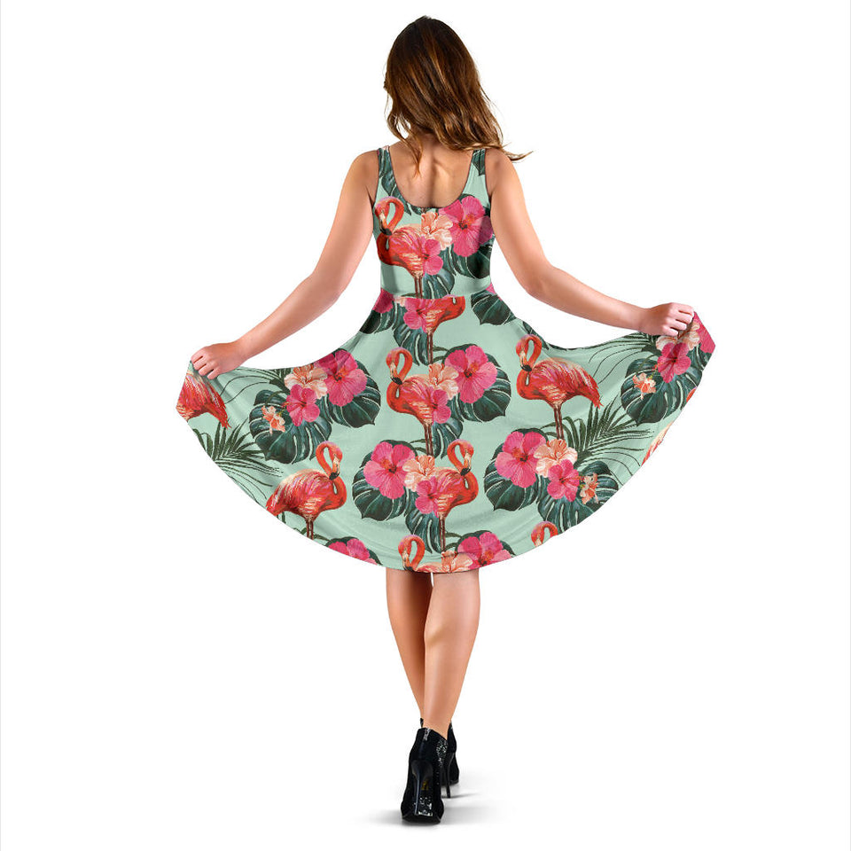 Beautiful Flamingo Tropical Palm Leaves Hibiscus Pateern Background  Sleeveless Midi Dress
